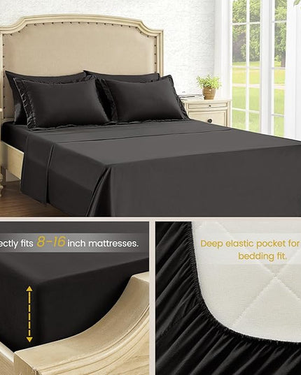 California King Bed in a Bag 7 Pieces Cal King Comforter Set, Wood Grain Texture Comforter Set Black Bed Set with Comforter, Pillowcases, Flat Sheet, Fitted Sheet and Pillow Shams - LeafyLoom