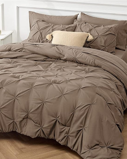 Bedsure Twin XL Comforter Set - Extra Long 5 Pieces Dorm Room Essentials, Pinch Pleat Brown Bed in a Bag with Comforter, Sheets, Pillowcase & Sham, Kids Bedding Set - LeafyLoom