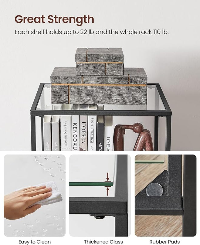 VASAGLE Bookcase, 5-Tier Bookshelf, Slim Shelving Unit for Bedroom, Bathroom, Home Office, Tempered Glass, Steel Frame, Ink Black ULGT029B61 - LeafyLoom