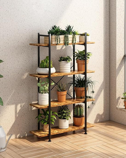 4 Tiers Bookshelf Rustic Brown Wooden Storage Shelf, Industrial shelf Book Organizer,Modern Open Display Storage Bookcase,Metal Bookshelf Standing Tall Shelving Units for Home Office Study. - LeafyLoom