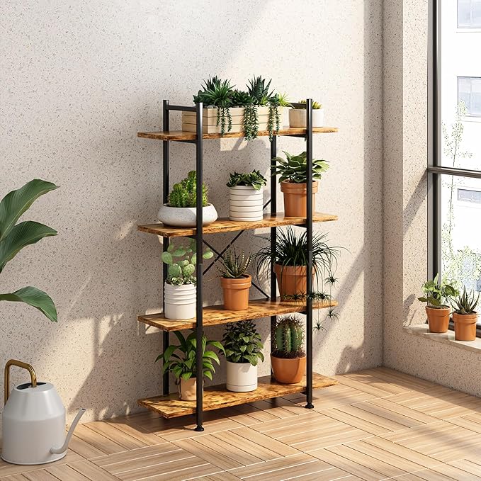 4 Tiers Bookshelf Rustic Brown Wooden Storage Shelf, Industrial shelf Book Organizer,Modern Open Display Storage Bookcase,Metal Bookshelf Standing Tall Shelving Units for Home Office Study. - LeafyLoom