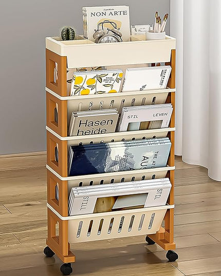 5 Tier Book Rack Storage Bookshelf, Mobile Bookshelf with Wheels, Removable Movable Unique Bookcase, Rolling Book Cart, Bookshelves for Students Study in Dorm Classroom Living Room School(CreamYellow) - LeafyLoom