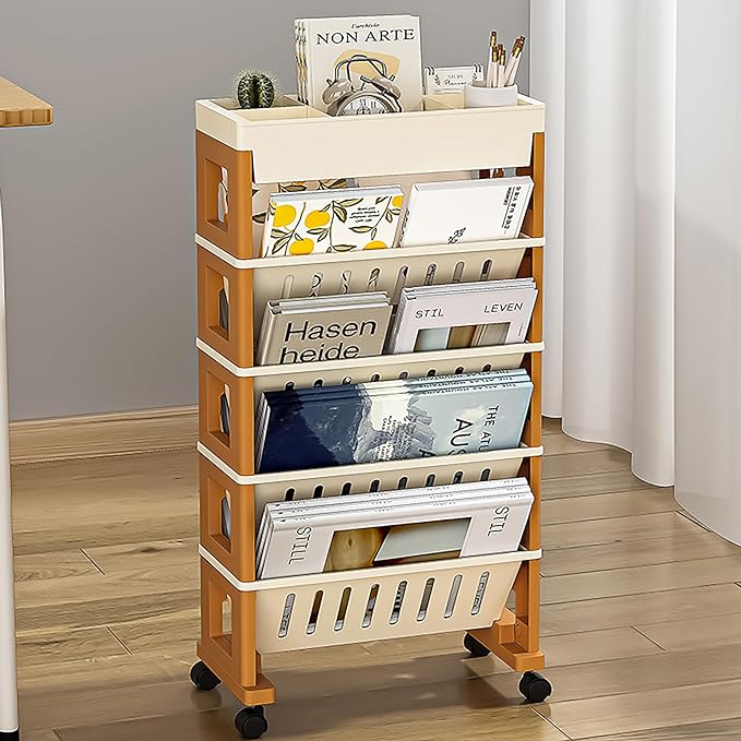 5 Tier Book Rack Storage Bookshelf, Mobile Bookshelf with Wheels, Removable Movable Unique Bookcase, Rolling Book Cart, Bookshelves for Students Study in Dorm Classroom Living Room School(CreamYellow) - LeafyLoom