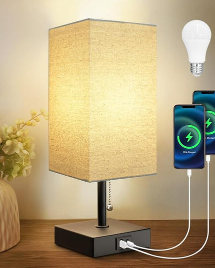 Bedside Lamp for Bedroom with USB Port, Beige Table Lmp with USB C + A Charging Ports, Pull Chain Nightstand Lamp with Fabric Shade for Living Room, Dorm, Home Office (LED Bulb Included) - LeafyLoom