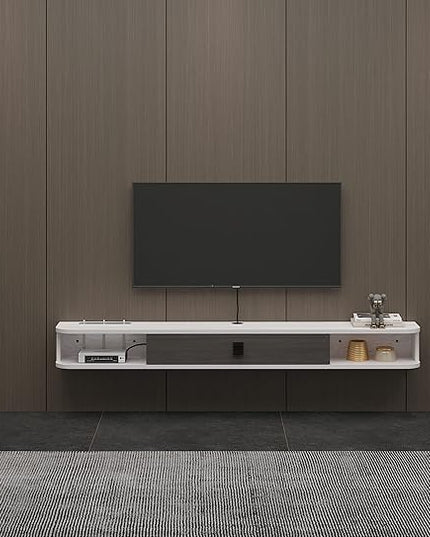 Floating TV Unit, 47'' Wall Mounted TV Cabinet, Floating Shelves with Door, Modern Entertainment Media Console Center Large Storage TV Bench for Living Room & Office (47.24IN, Grey White) - LeafyLoom