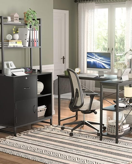 Homieasy Vertical Filing Cabinet with Lock & Charging Station, Large Drawer Wood File Cabinet with Bookshelf, Printer Stand with Open Storage Shelf, fits Letter Size for Home Office, Black - LeafyLoom