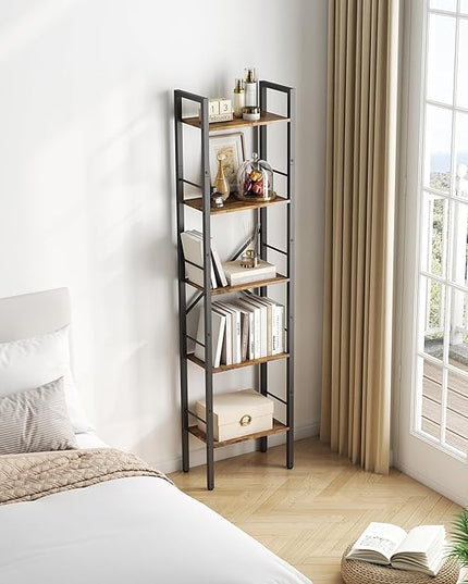 Tajsoon 5 Tier Ladder Bookshelf Industrial Ladder Shelf, Narrow Tall Skinny Bookshelf with Metal Frame, Multipurpose Standing Book Shelf for Bedroom, Living Room, Kitchen, Home Office, Rustic Brown - LeafyLoom