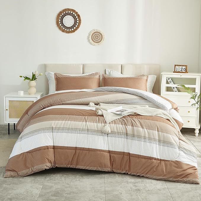 Litanika Full Size Comforter Sets Beige, 3 Pieces Lightweight Taupe Khaki White Colorblock Stripe Fluffy Bedding Comforter Sets, All Season Bed Set - LeafyLoom