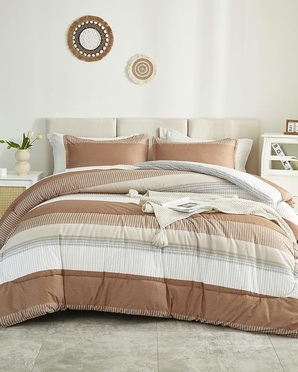 Litanika Beige California King Comforter Set, 3 Pieces Cal King Lightweight Taupe Khaki White Colorblock Stripe Bedding Comforter Sets, Fluffy Bed Set - LeafyLoom