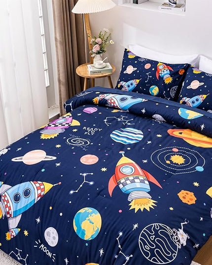 Aimuan Space Comforter Twin Set Kids Rocket Bedding Set Super Soft & Cute Aliens UFO Printed for Boys Girls Teen (Navy, Full 5Pcs) - LeafyLoom