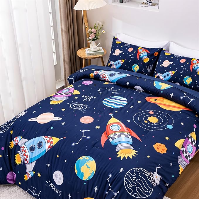 Aimuan Space Comforter Twin Set Kids Rocket Bedding Set Super Soft & Cute Aliens UFO Printed for Boys Girls Teen (Navy, Twin 5Pcs) - LeafyLoom