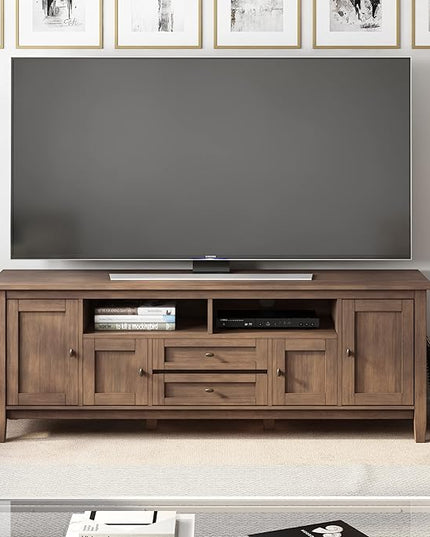 SIMPLIHOME Warm Shaker SOLID WOOD 72 Inch Wide Transitional TV Media Stand in Rustic Natural Aged Brown for TVs up to 80 Inches, For the Living Room and Entertainment Center - LeafyLoom