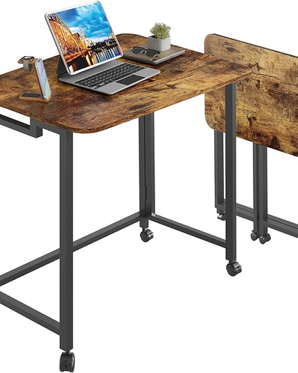4NM 23.6" Mobile Small Folding Desk, Adjustable Rolling Compact Laptop Cart Desk, Couch Desk, Bed Desk for Laptop for Small Space Offices - Rustic Brown and Black - LeafyLoom