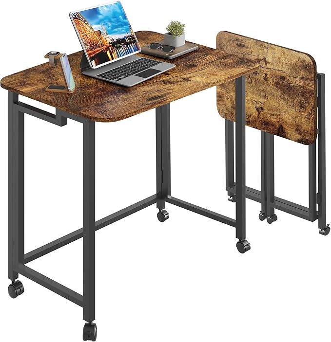 4NM 23.6" Mobile Small Folding Desk, Adjustable Rolling Compact Laptop Cart Desk, Couch Desk, Bed Desk for Laptop for Small Space Offices - Rustic Brown and Black - LeafyLoom