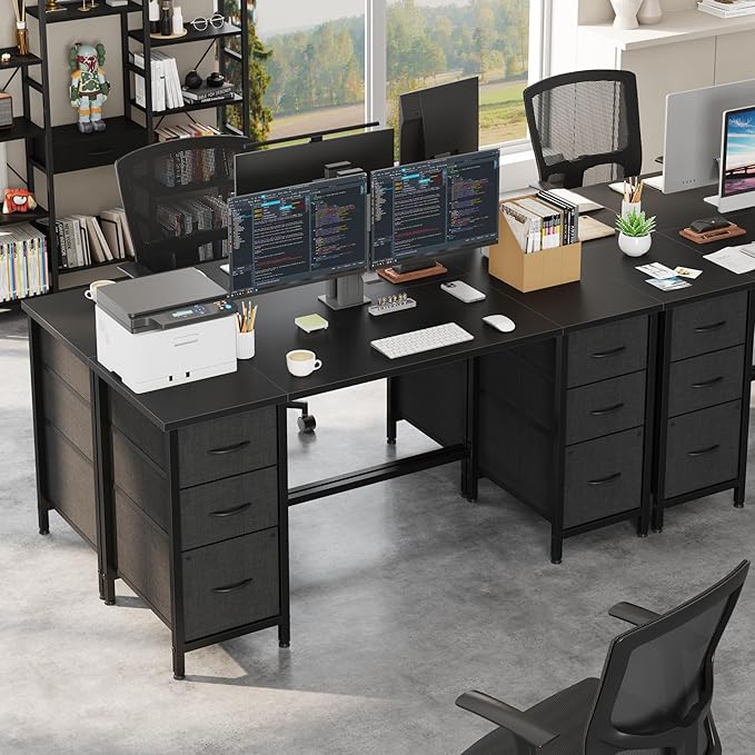 63'' Office Desk with 6 Fabric File Drawers - File Drawer Organization, Computer Work Desk, Study Writing Table, Home Office Workstation, Black - LeafyLoom