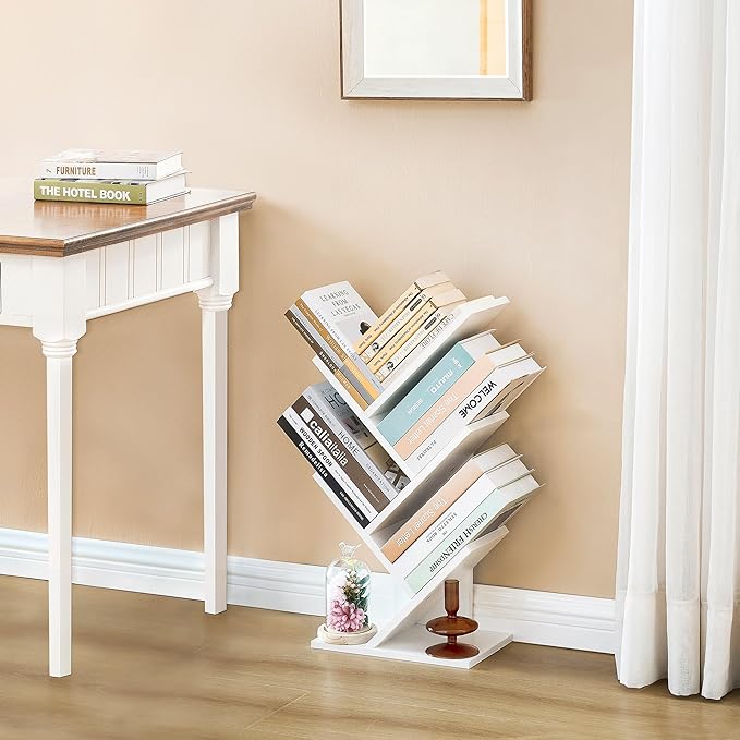 Hoctieon 4 Tier Tree Bookshelf, Small Bookcase, Free Standing Tree Bookcase, Bookshelf for Bedroom, Book Shelf Organizer, Small Bookshelf, White - LeafyLoom