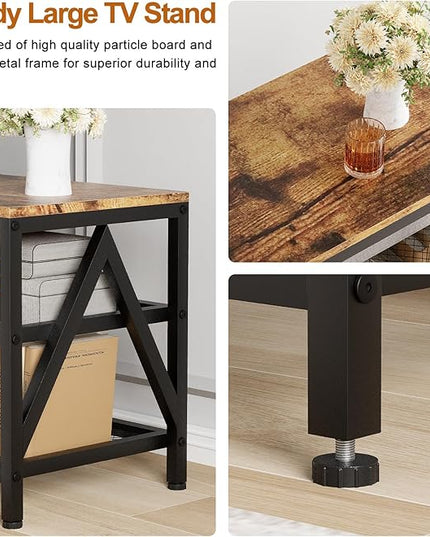 TV Stand for TV up to 75 Inch, Long 70" TV Cabinet with 3-Tier Storage Shelves,Entertainment Center TV Console Table for Living Room with Industrial TV Metal Frame, Rustic Brown - LeafyLoom