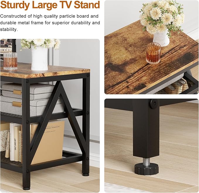 TV Stand for TV up to 75 Inch, Long 70" TV Cabinet with 3-Tier Storage Shelves,Entertainment Center TV Console Table for Living Room with Industrial TV Metal Frame, Rustic Brown - LeafyLoom