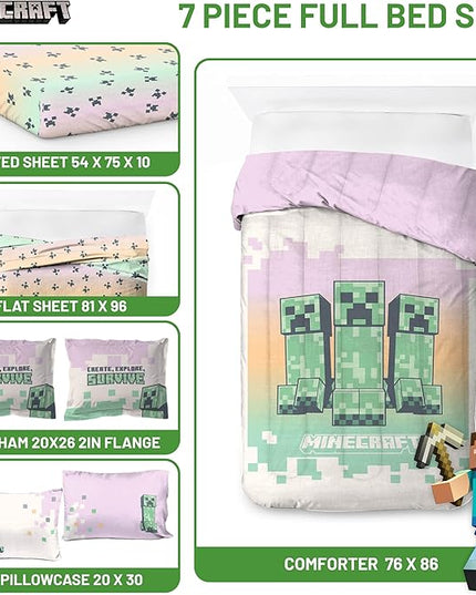 Minecraft Creeper Full Comforter Set - 7 Piece Bedding includes Sheet Set & Pillow Covers - Super Soft Pink & Green Kids Bedding - LeafyLoom