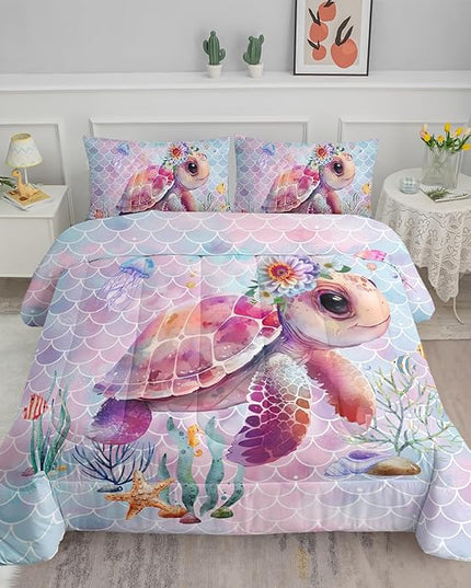 Axolotl Turtle Bedding Set Full,Colorful Underwater World Comforter Set for Kids Boys Girls Teens,Ocean Comforter Set with Jellyfish,Kids Bedding Set Print Colorful Fish Scales,1 Quilt 2 Pillowcases - LeafyLoom