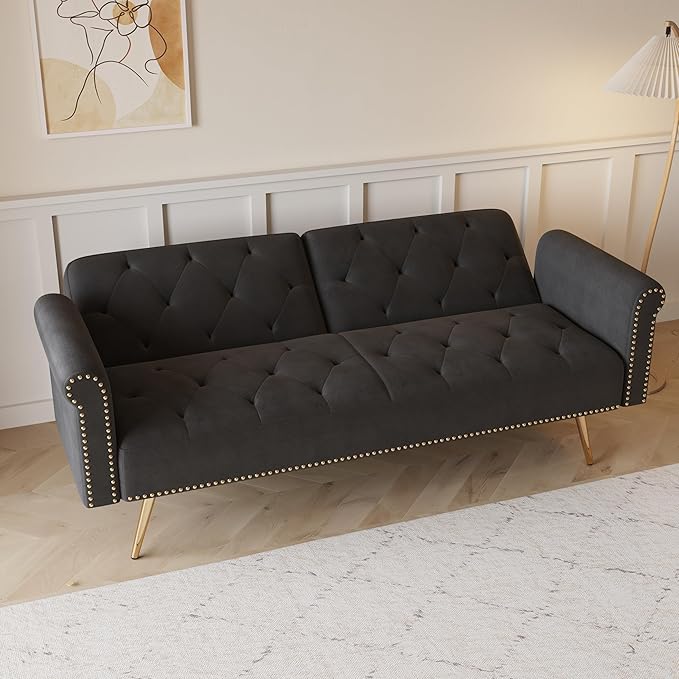 NicBex Sectional Couch Sofa with Throw Pillows Velvet Sofa Bed Cloud Couch for Living Room Furniture Sets with Metal Legs, Modular Sofa for Living Room, Bedroom, Apartment,69.7" L, Black - LeafyLoom