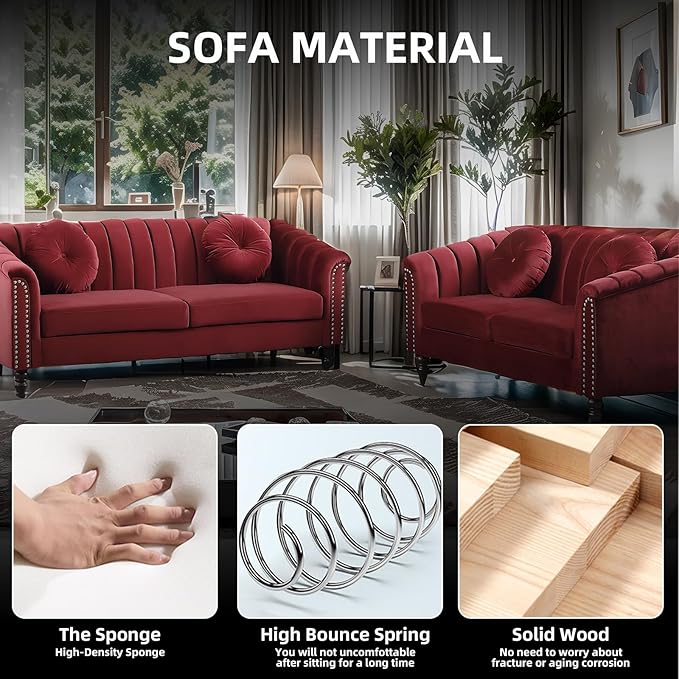 Velvet Living Room Sofa Set 3 Piece Modern Decor Sofa and Loveseat Set with Scroll Arms and Nailhead, Includes 2 Loveseat Couch and Armchair Red - LeafyLoom