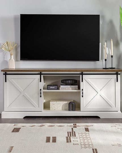 Walker Edison Corbin Modern Farmhouse Sliding X Barn Door TV Stand for TVs up to 80 Inches, 70 Inch, Reclaimed Barnwood and Brushed White - LeafyLoom