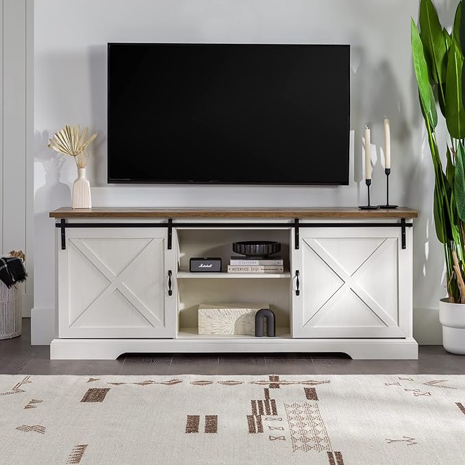 Walker Edison Corbin Modern Farmhouse Sliding X Barn Door TV Stand for TVs up to 80 Inches, 70 Inch, Reclaimed Barnwood and Brushed White - LeafyLoom