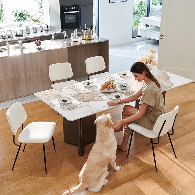COLAMY Modern Upholstered Dining Chairs Set of 6, Fabric Dining Room Chairs Accent Diner Chair Stylish Kitchen Chairs with Solid Metal Legs, Cream - LeafyLoom