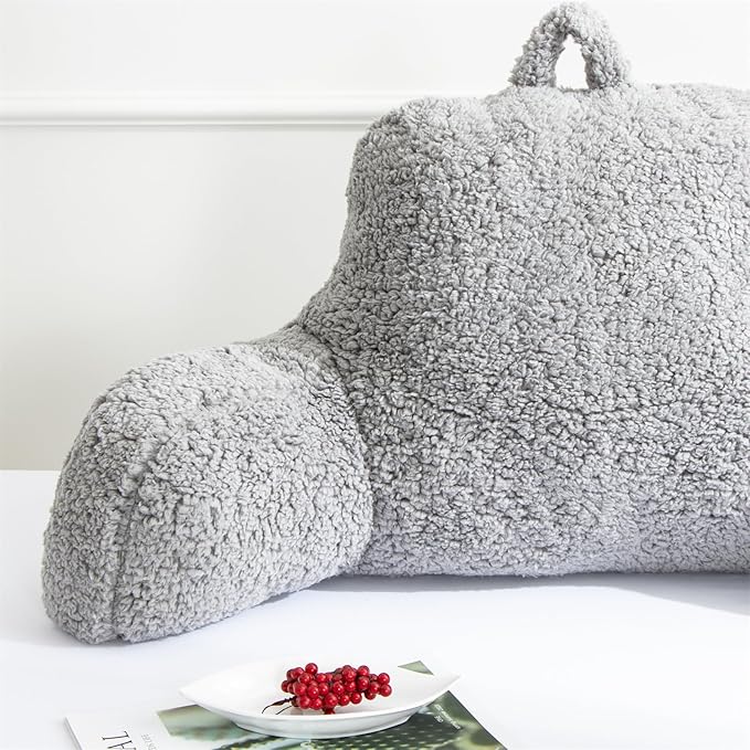 A Nice Night Sherpa Fleece Flannel Reading Pillow Bed Wedge Children Backrest with Arms Back Support for Sitting Up in Bed/Couch,Grey - LeafyLoom