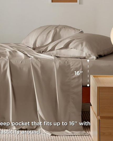 Bedsure California King Sheet Sets, Cooling Sheets, Rayon Derived from Bamboo, Deep Pocket Up to 16", Breathable & Soft Bed Sheets, Hotel Luxury Silky Bedding Sheets & Pillowcases, Simply Taupe - LeafyLoom