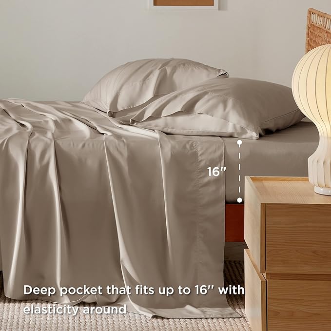 Bedsure California King Sheet Sets, Cooling Sheets, Rayon Derived from Bamboo, Deep Pocket Up to 16", Breathable & Soft Bed Sheets, Hotel Luxury Silky Bedding Sheets & Pillowcases, Simply Taupe - LeafyLoom