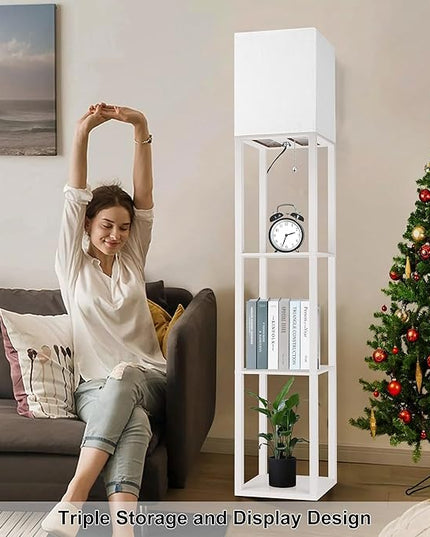 Floor Lamp with Shelves for Living Room White, Shelf Floor Lamp with 3 CCT LED Bulb, Corner Display Standing Column Lamp Etagere Organizer Tower Nightstand with White Linen Shade for Bedroom, Office - LeafyLoom