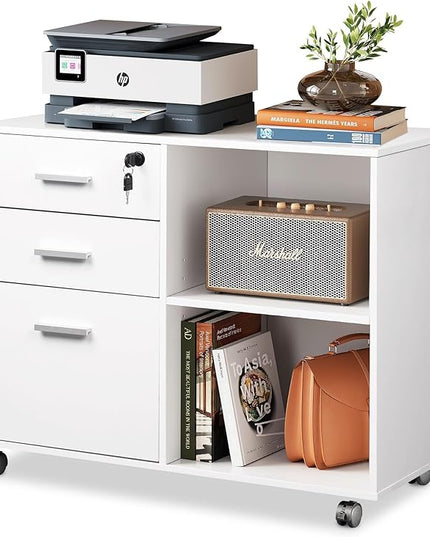 DEVAISE 3-Drawer Wood File Cabinet with Lock, Mobile Lateral Filing Cabinet, Printer Stand with Open Storage Shelves for Home Office, White - LeafyLoom