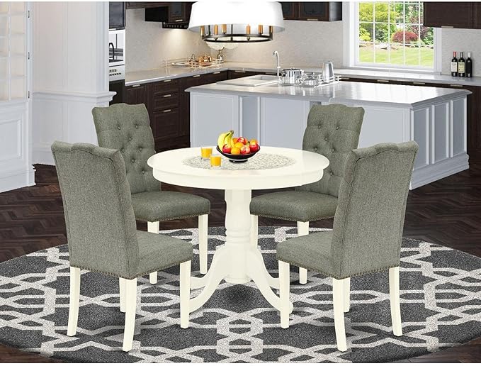 East West Furniture ANEL5-LWH-07 Antique 5 Piece Kitchen Set for 4 Includes a Round Dining Room Table with Pedestal and 4 Gray Linen Fabric Upholstered Parson Chairs, 36x36 Inch - LeafyLoom