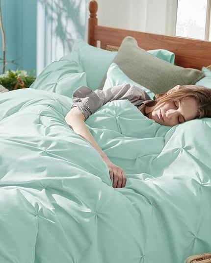 Bedsure Twin XL Comforter Set - Extra Long 5 Pieces Dorm Room Essentials, Pinch Pleat Mint Green Bed in a Bag with Comforter, Sheets, Pillowcase & Sham, Kids Bedding Set - LeafyLoom