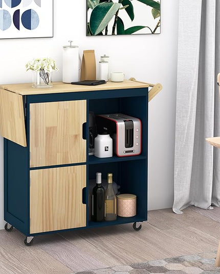 Usinso Rolling Kitchen Island, Kitchen Island Storage Cabinets on Wheels with Drop Leaf Countertop, Handle Racks, Caster Liquor Cart Suitable for Placing (Blue) - LeafyLoom