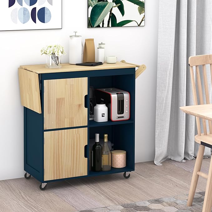 Usinso Rolling Kitchen Island, Kitchen Island Storage Cabinets on Wheels with Drop Leaf Countertop, Handle Racks, Caster Liquor Cart Suitable for Placing (Blue) - LeafyLoom