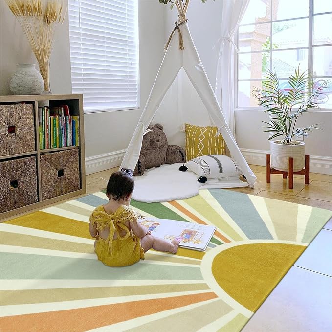 Kids Rugs for Playroom 5'x7' Rug, Boho Washable Area Rug for Kids Room, Rainbow Kids Nursery Rug Non-Slip Sunshine Carpet Soft Colorful Rug for Classroom Office Dining Room - LeafyLoom