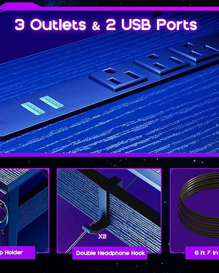 ODK L Shaped Gaming Desk with LED Lights & Power Outlets, 51" Computer Desk with Full Monitor Stand, Corner Desk with Cup Holder, Gaming Table with Hooks, Black - LeafyLoom