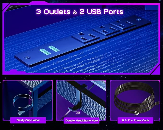 ODK L Shaped Gaming Desk with LED Lights & Power Outlets, 51" Computer Desk with Full Monitor Stand, Corner Desk with Cup Holder, Gaming Table with Hooks, Black - LeafyLoom