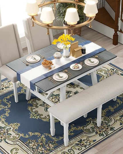 Classic, Rectangular Extendable 2, 12" W Removable Leaves and 4 Upholstered Chairs & 1 Bench, Room, Kitchen, 6 Piece Dining Table Set, White+Gray - LeafyLoom
