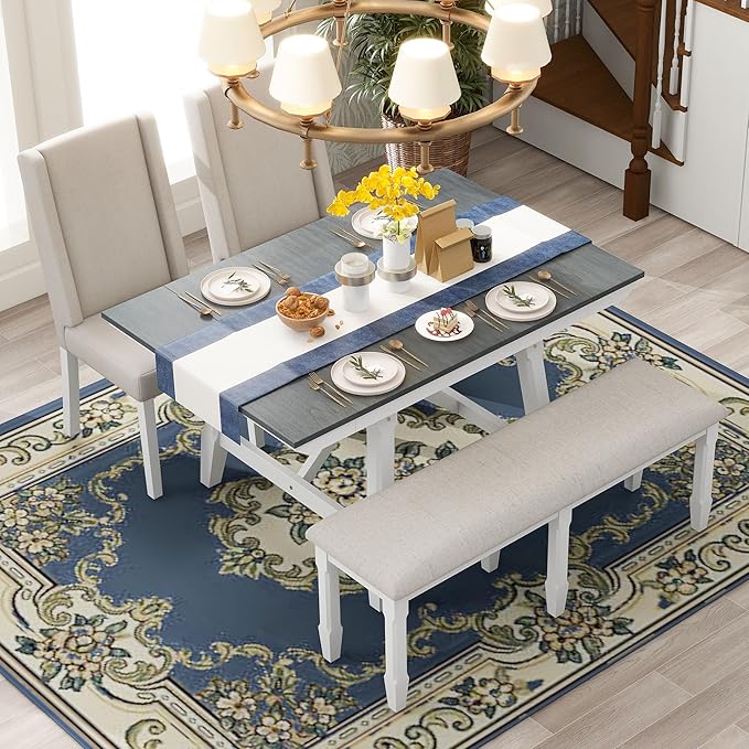 Classic, Rectangular Extendable 2, 12" W Removable Leaves and 4 Upholstered Chairs & 1 Bench, Room, Kitchen, 6 Piece Dining Table Set, White+Gray - LeafyLoom
