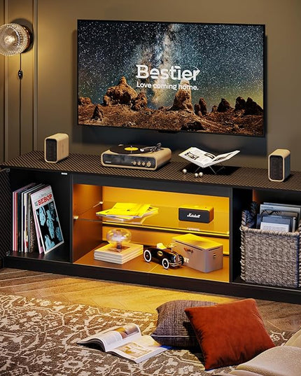 Bestier LED TV Stand for 55/60/65 Inch TV, Gaming Entertainment Center with Cabinet for PS5, Modern TV Cabinet with Adjustable Glass Shelves for Living Room, Bedroom 58 Inch,Black - LeafyLoom