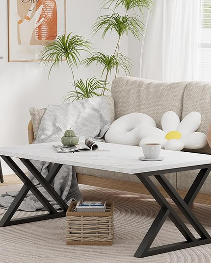 Coffee Table White Living Room Center Table, Simple Modern Faux Marble Rectangular Tea Table with Sturdy Black Metal Frame,Industrial Wooden Coffee Table for Bedroom Home Office - LeafyLoom