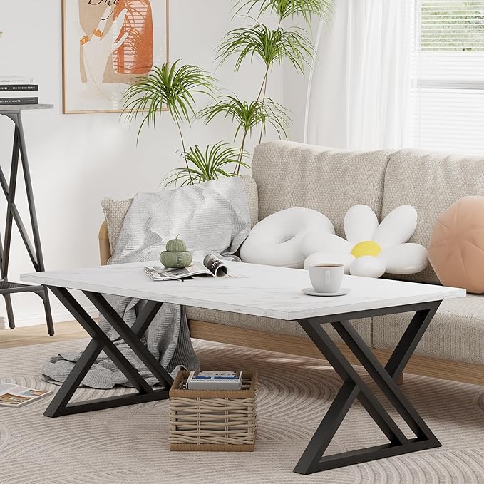 Coffee Table White Living Room Center Table, Simple Modern Faux Marble Rectangular Tea Table with Sturdy Black Metal Frame,Industrial Wooden Coffee Table for Bedroom Home Office - LeafyLoom