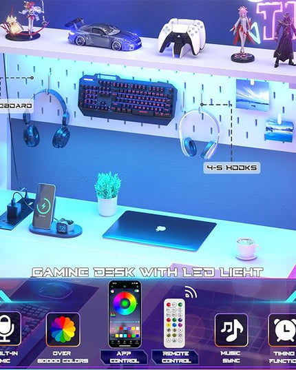 Homieasy Small Gaming Desk with Power Outlets Pegboard LED Light, 43 Inch L Shaped Computer Desk with Monitor Stand Storage Shelves, Reversible Corner Desk with Headset Hooks, White - LeafyLoom