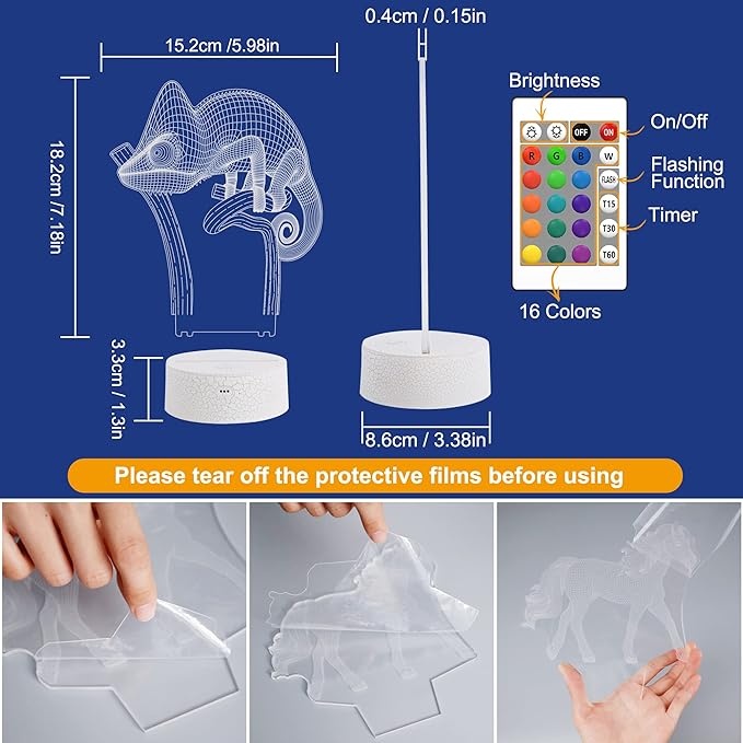 FULLOSUN Chameleon 3D Night Light Lizard Projection LED Lamp Baby Nursery Nightlight for Kids' Room Home Decor Xmas Birthday Gifts with Remote Control 16 Color Changing - LeafyLoom