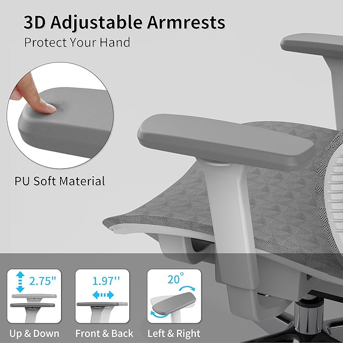 Ergonomic Office Chair with 3D Armrest, Big and Tall Computer Desk Chair with Adjustable Headrest, Seat Depth, Lumbar Support, Home Office Gaming Chair Light Grey - LeafyLoom