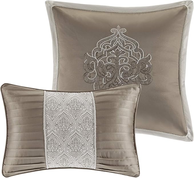 Madison Park Odette Cozy Comforter Set Jacquard Damask Medallion Design - Modern All Season, Down Alternative Bedding, Shams, Decorative Pillow, King(104 in x 92 in), Tan 8 Piece - LeafyLoom